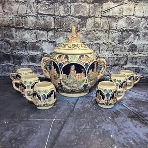 Vintage Gerz German Castle Stoneware Punch Bowl and 6 cups